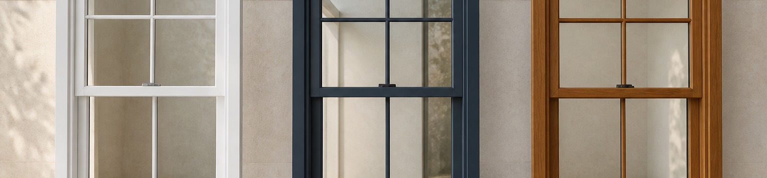 Vinyl, fiberglass and wood window units standing side by side in daylight