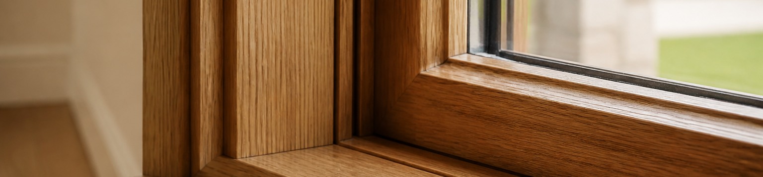 Close detail of a natural oak window frame and sash, grain and joinery visible