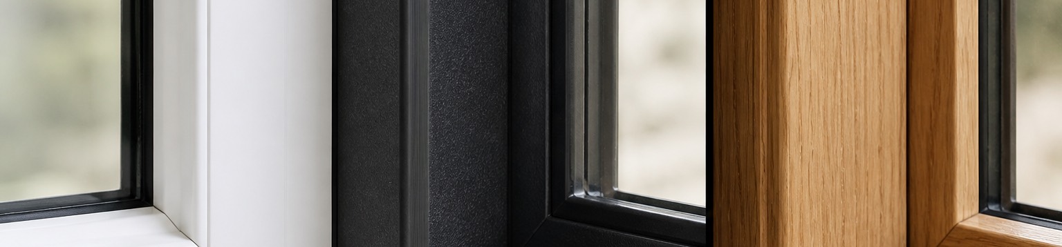 Three window frame materials side by side: white vinyl, dark fiberglass and oak