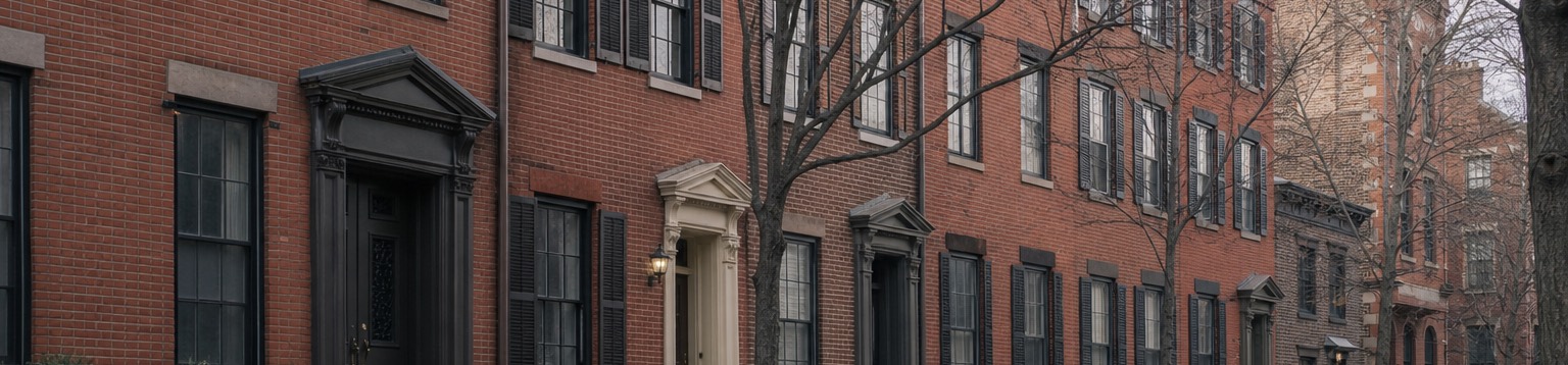 A brick rowhouse street with tall double-hung sash windows in cool winter daylight