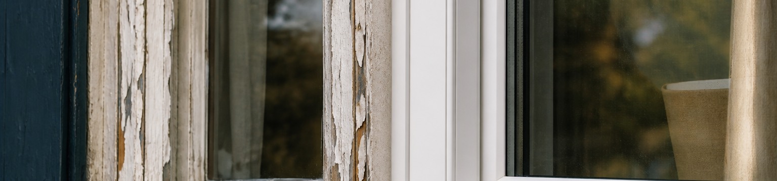 A weathered wooden sash beside a new white frame, shown side by side