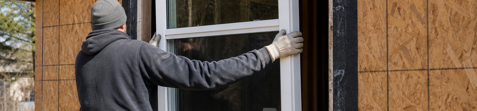 An installer setting a new window unit into a prepared opening in daylight