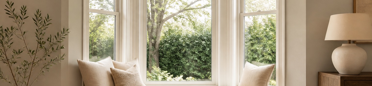 A bay window projecting in three angled panels above a cushioned seat