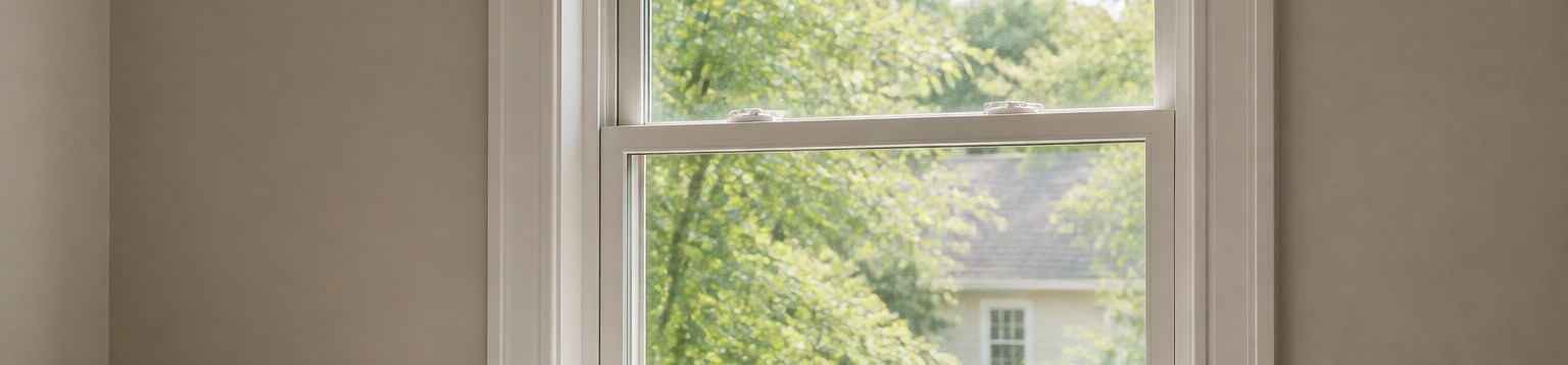 A white double-hung window with the lower sash raised a few inches, morning light