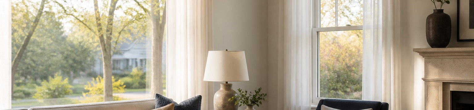 A bright living room corner with a large picture window and a casement window